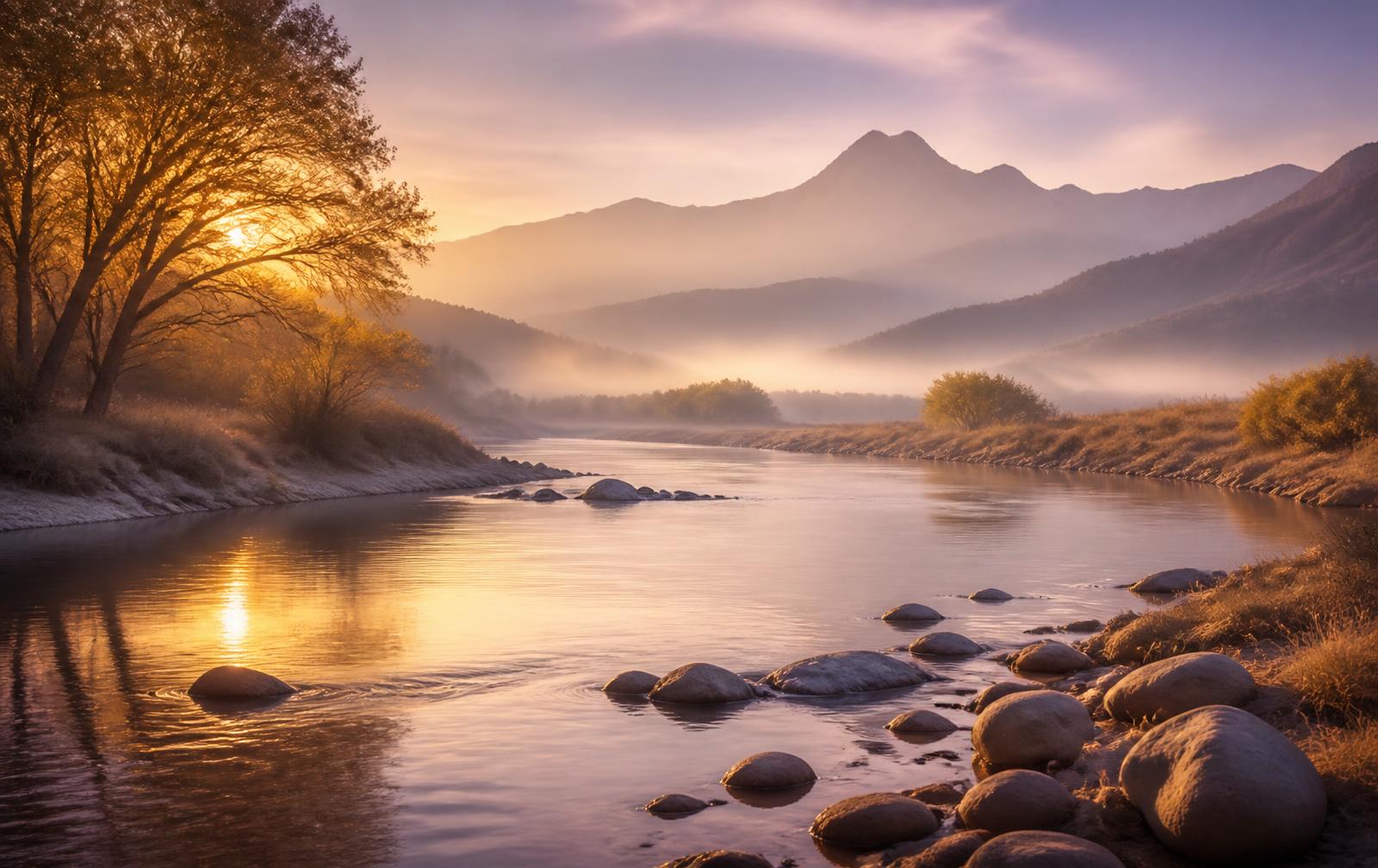A calm river flowing gently through golden dawn light