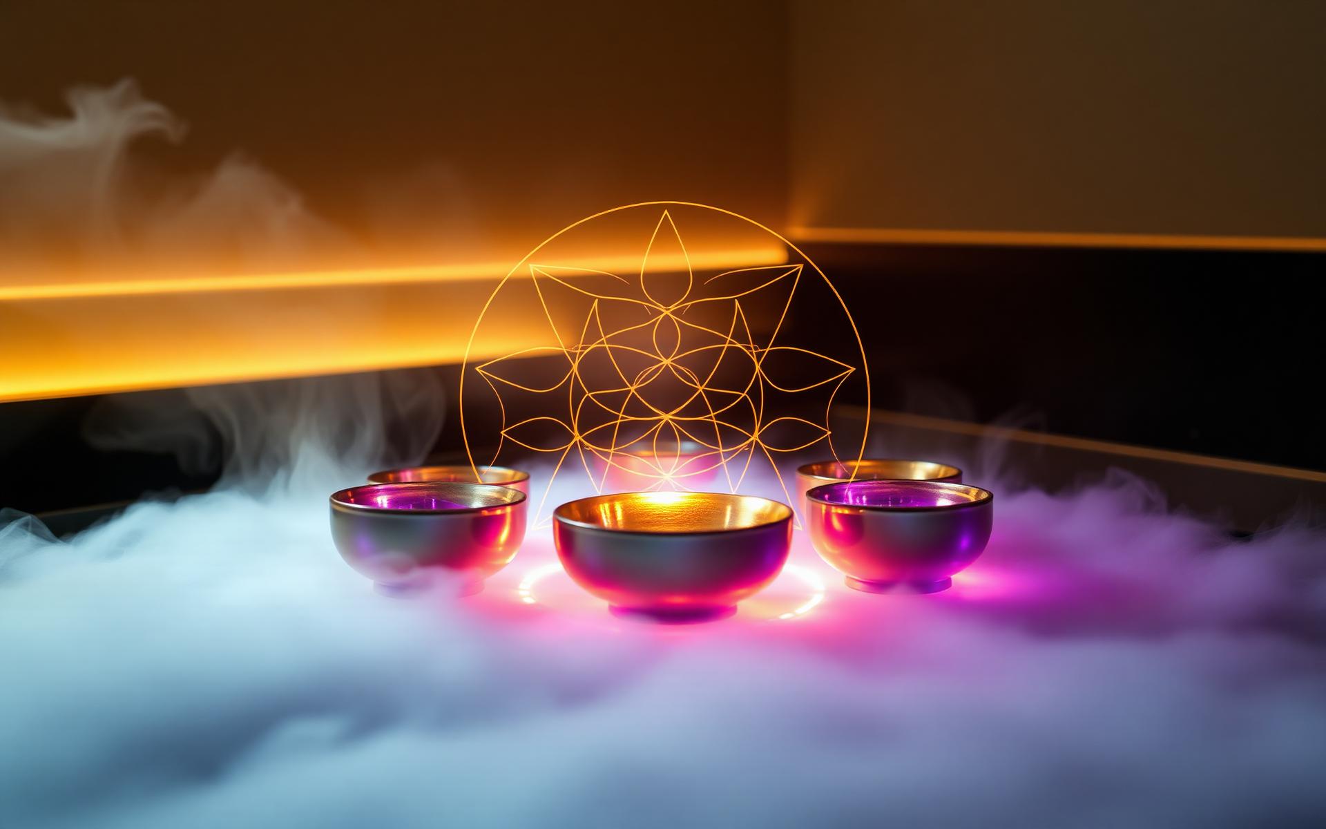 Crystal singing bowls glowing with sacred geometry