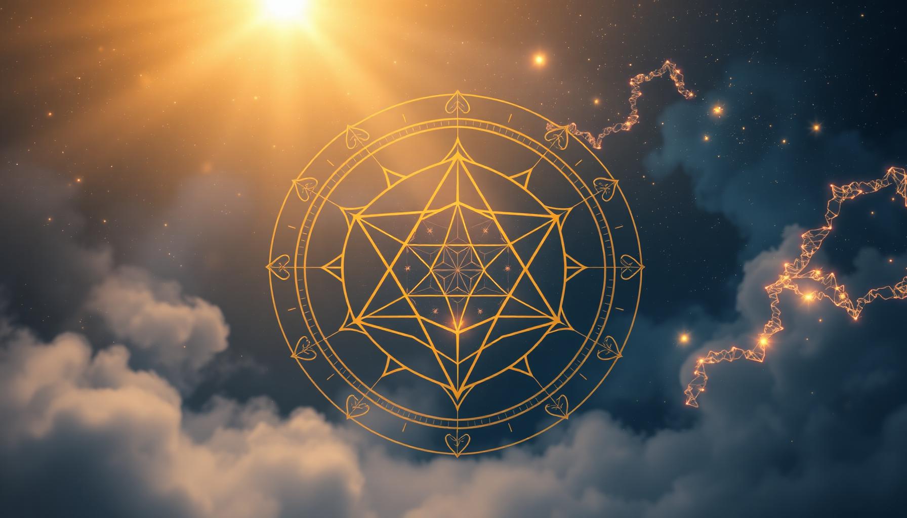 Golden sacred geometry blueprint over cosmic nebula representing the Soul Blueprint self-discovery experience