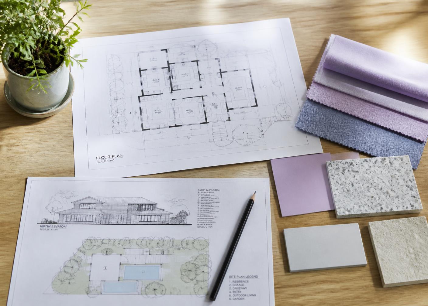 Floor plans, site drawings, and lavender and blue material samples arranged on a wood table