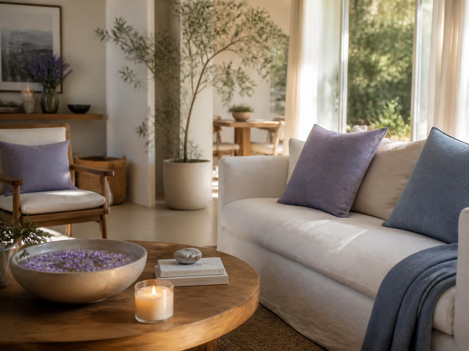 Sunlit living room with linen furniture, greenery, and soft lavender and blue accents