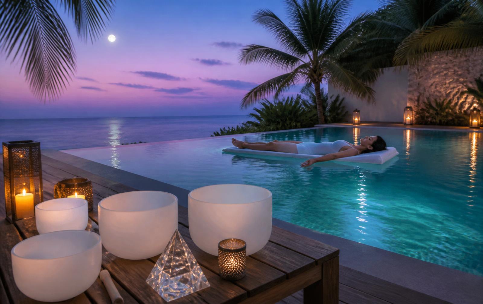 Guests floating peacefully in a pool during a poolside sound bath at sunset