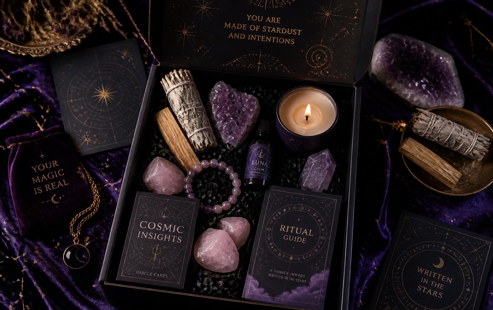 Mystery Astrology Box filled with amethyst, rose quartz, palo santo, candle, oracle cards, ritual guide, and gemstone bracelet on violet velvet