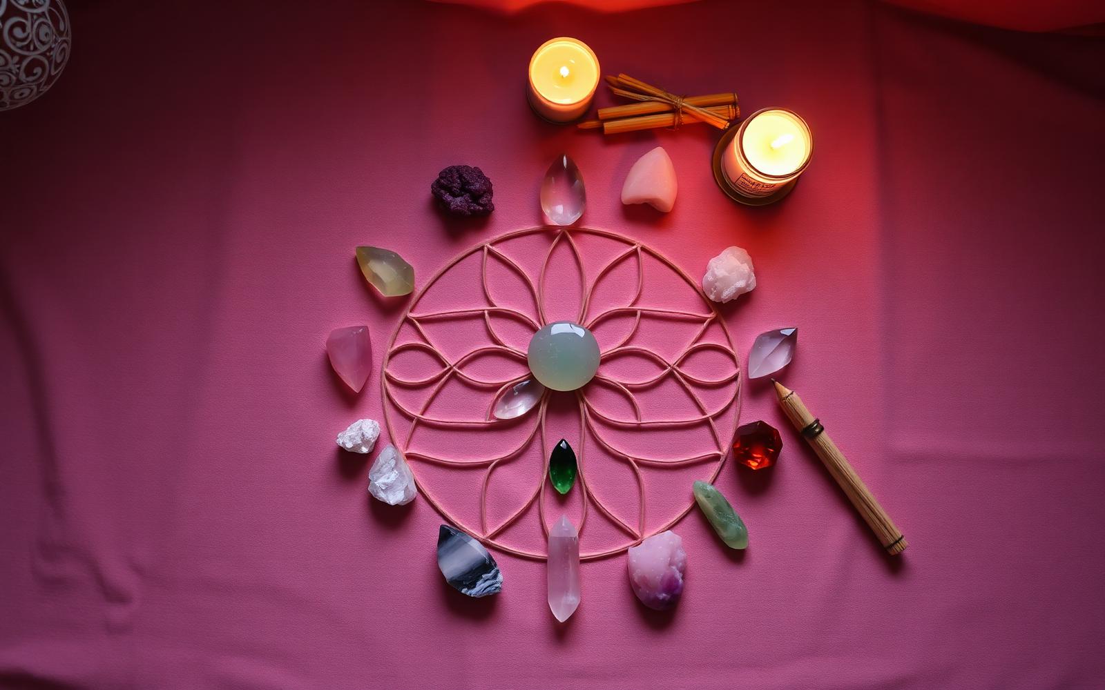 Handcrafted crystal grid arranged on Flower of Life sacred geometry with rose quartz, clear quartz, selenite wand, and palo santo