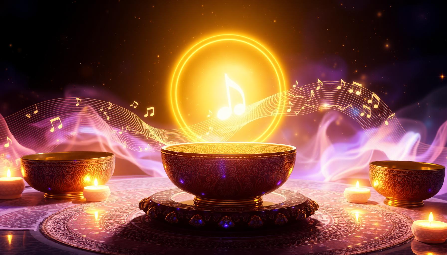 Golden light orb radiating musical notes above crystal singing bowls and sacred geometry