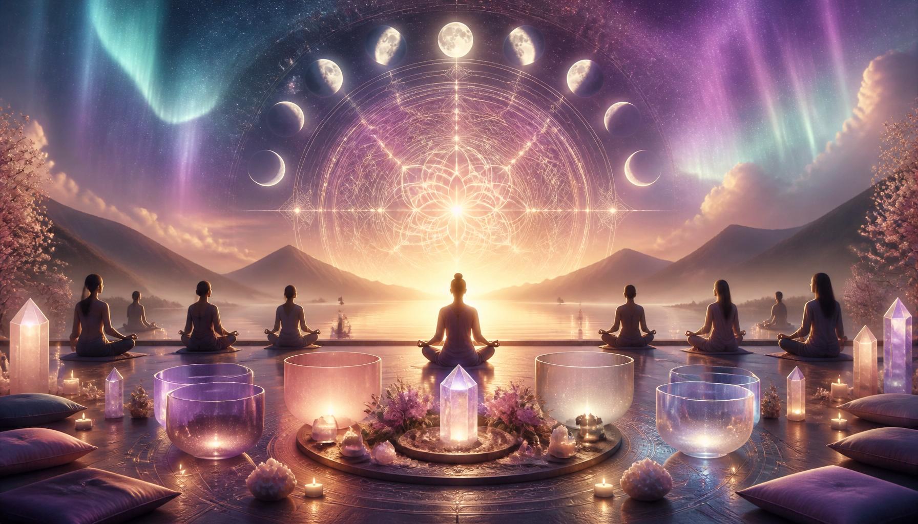 Sacred Sound Sanctuary online healing community with crystal singing bowls, meditation circle, moon phases, and aurora light