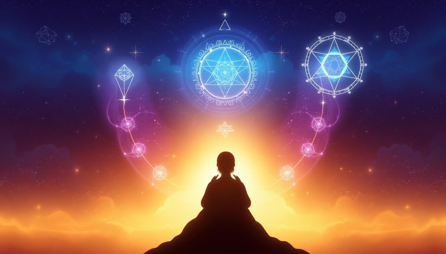 Meditative silhouette beneath glowing sacred geometry and cosmic light, representing soul blueprint self-discovery