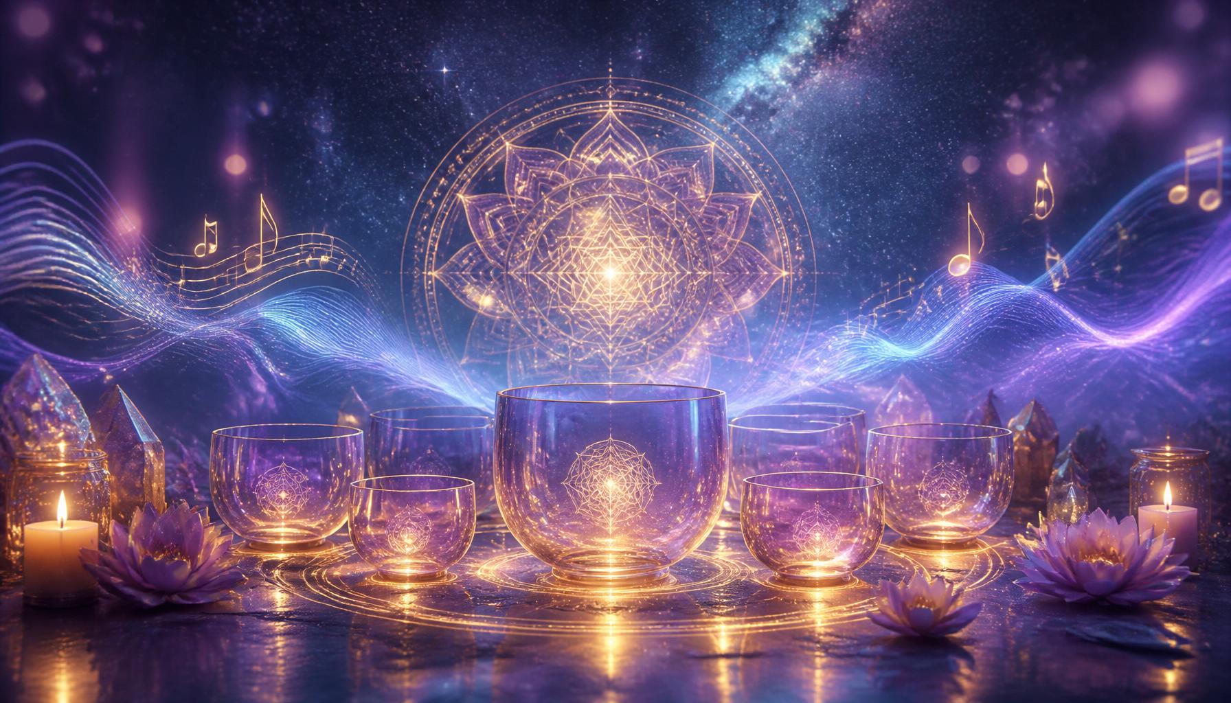 Ethereal music and sound healing visualization with glowing frequencies, crystal singing bowls, and cosmic aurora light