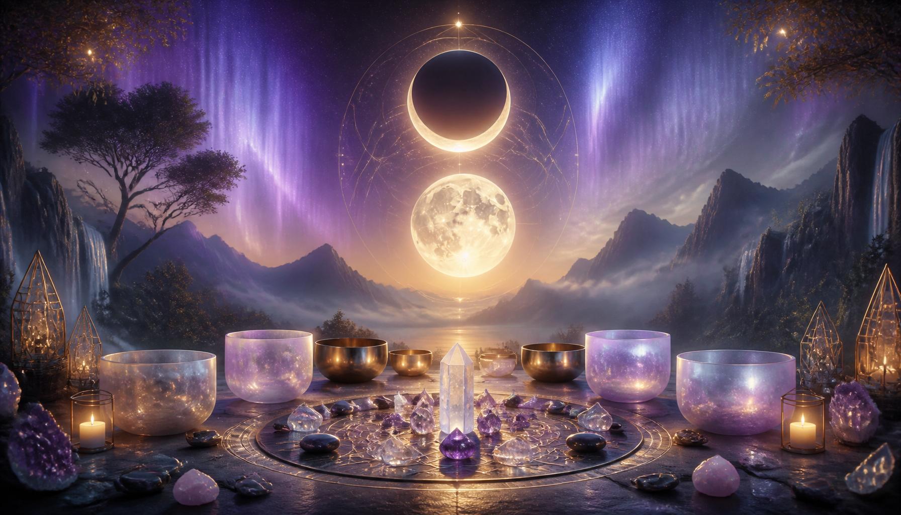 New moon and full moon community gathering with crystal singing bowls, healing crystals, and sacred moonlight